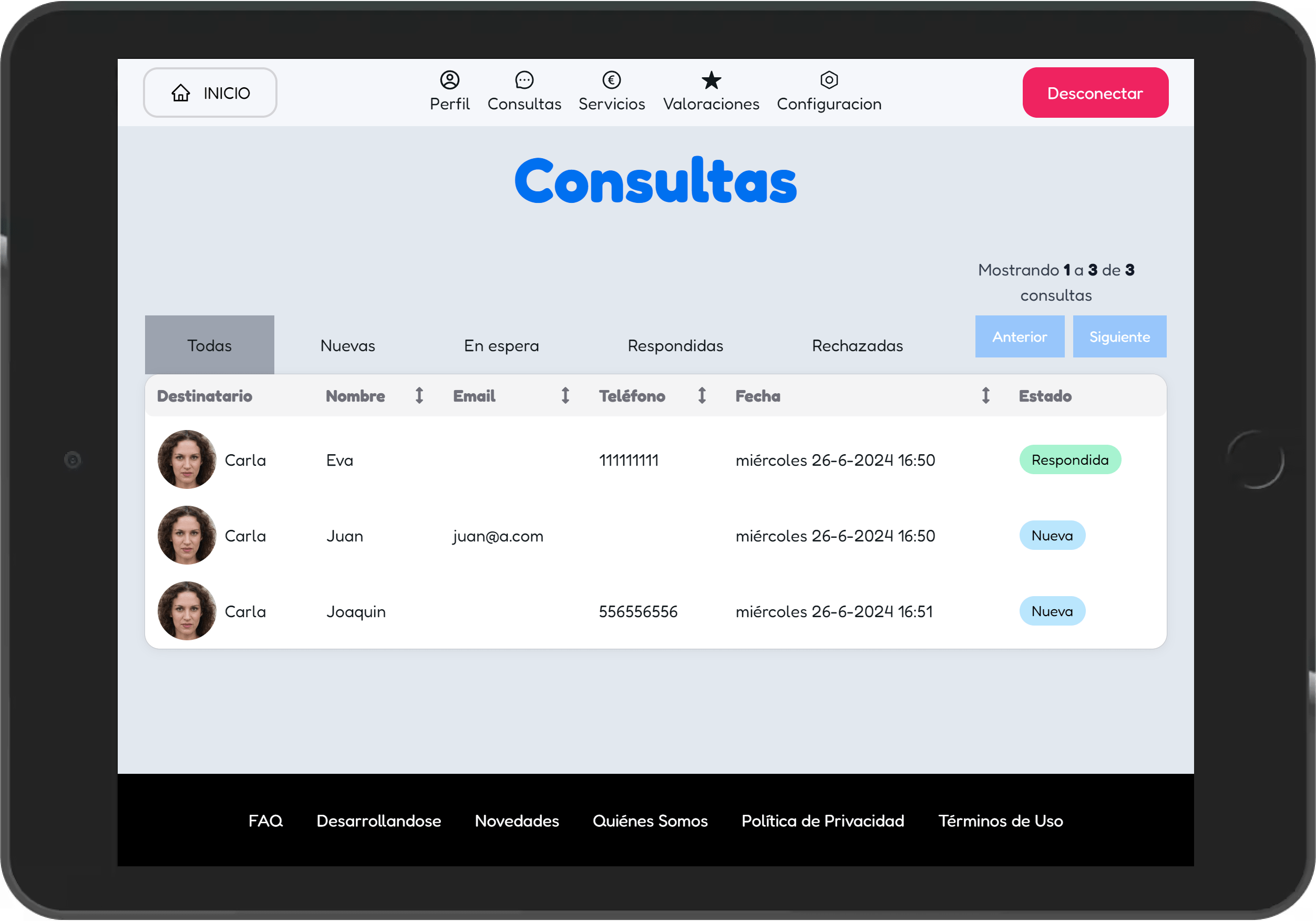 Captura de la plataforma: Recibe consultas