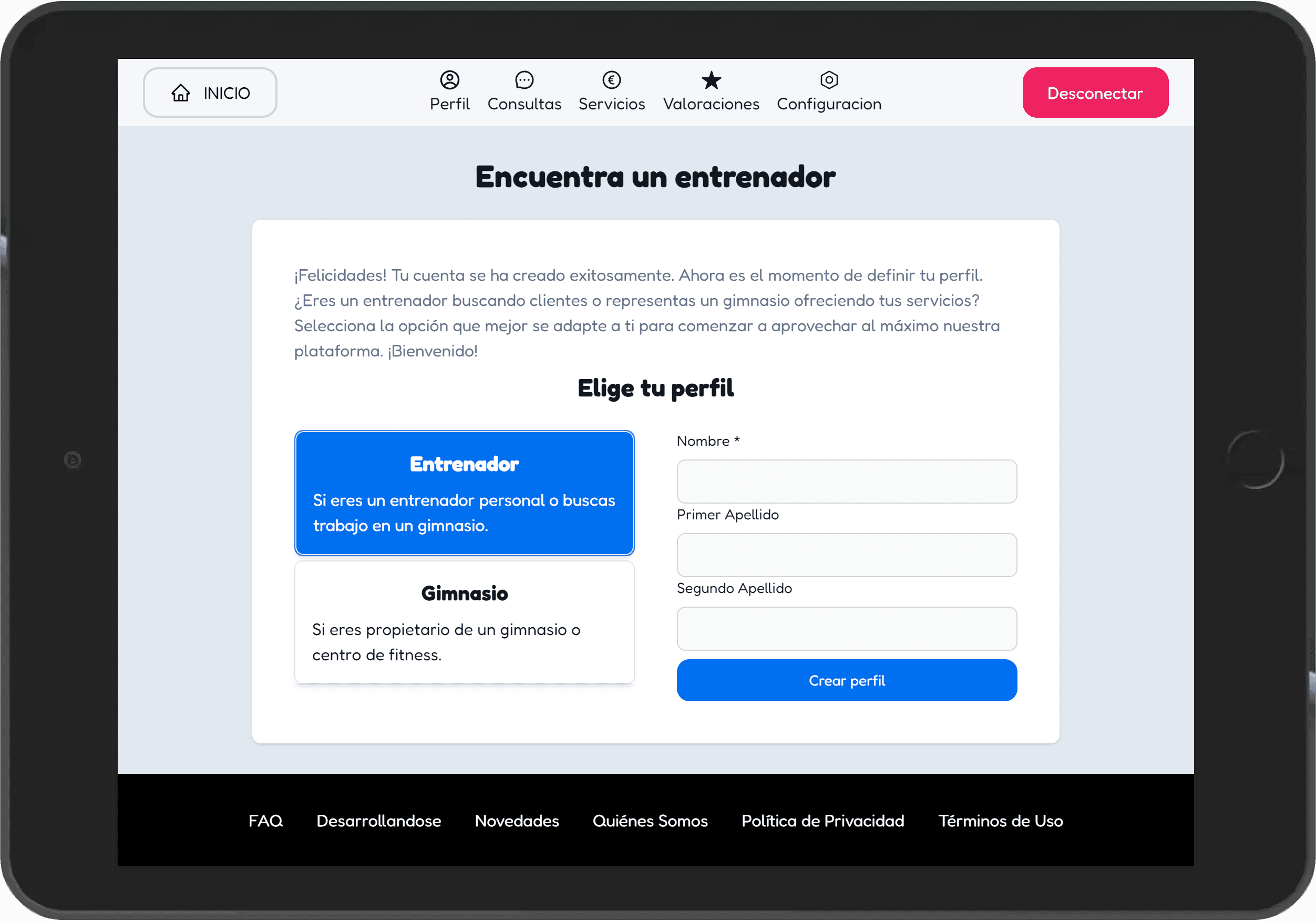 Captura de la plataforma: Regístrate