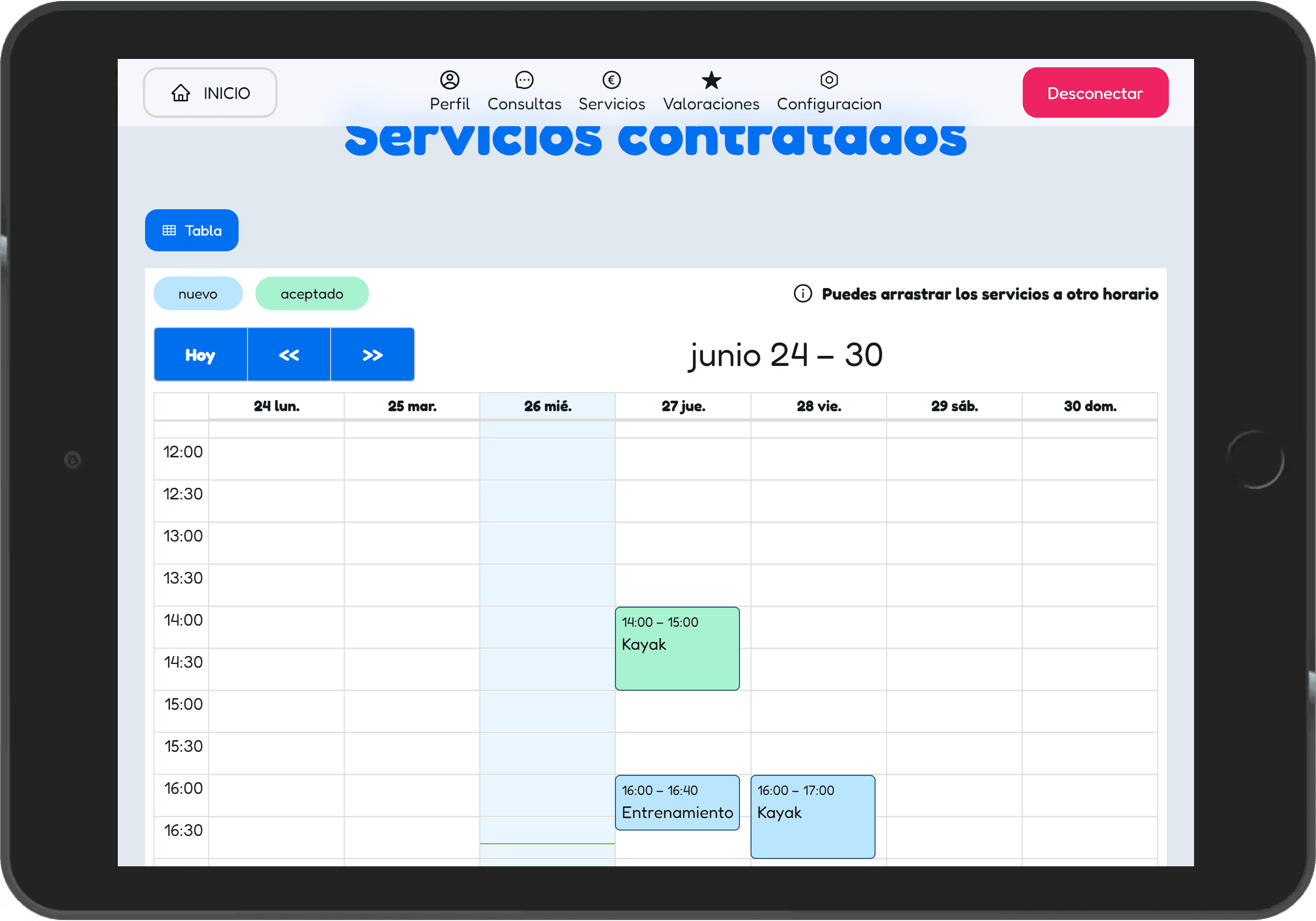 Captura de la plataforma: Tarifas y servicios